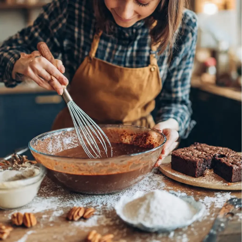 Baker whisking chocolate brownie batter in a large bowl surrounded by flour and pecans.