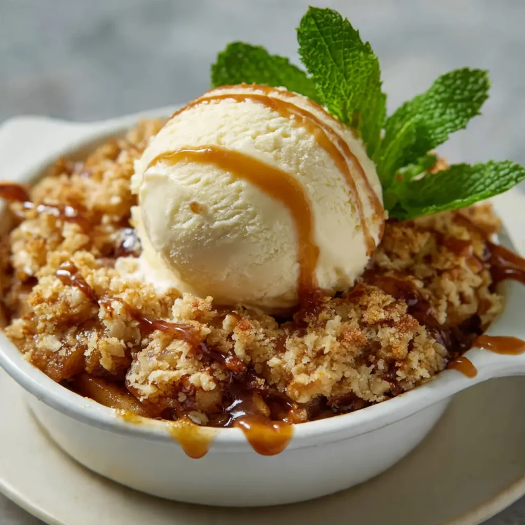 Warm apple crisp topped with a scoop of vanilla ice cream, caramel drizzle, and fresh mint in a white ramekin.