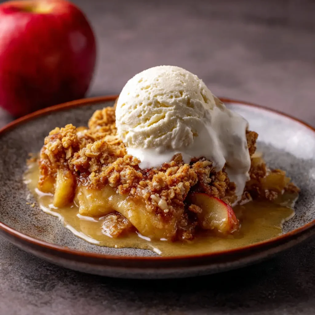 A scoop of vanilla ice cream melting over warm apple crisp with tender baked apple slices and a golden oat topping.