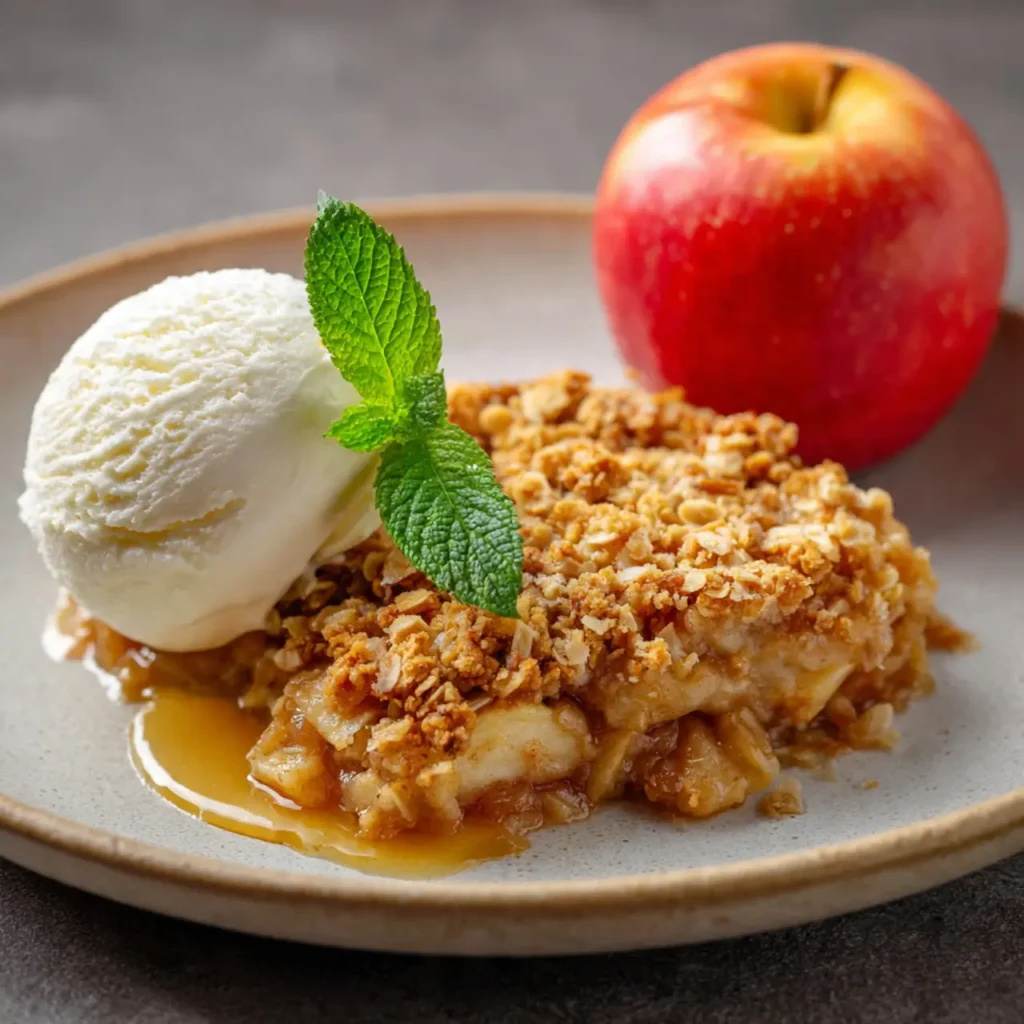 A slice of apple crisp topped with vanilla ice cream and mint, served beside a fresh red apple.