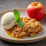 A slice of apple crisp topped with vanilla ice cream and mint, served beside a fresh red apple.