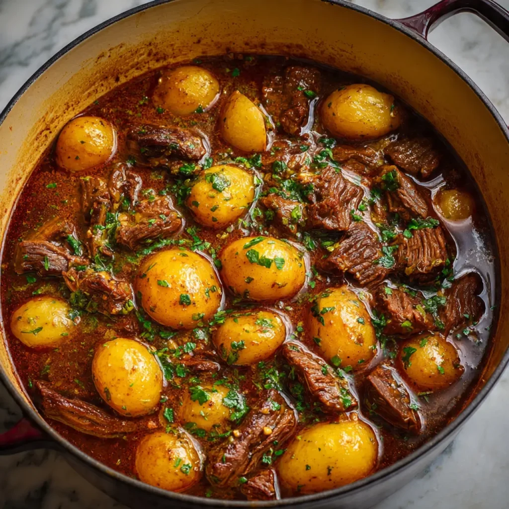 Beef stew with potatoes simmered in a rich broth inside a Dutch oven.