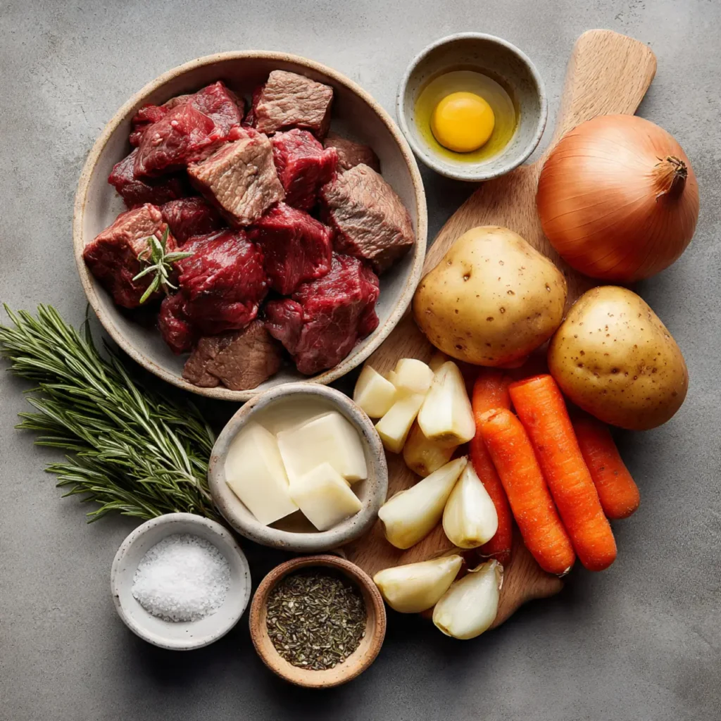 Raw beef stew meat with potatoes, carrots, onion, garlic, butter, herbs, and seasonings arranged on a wooden board.