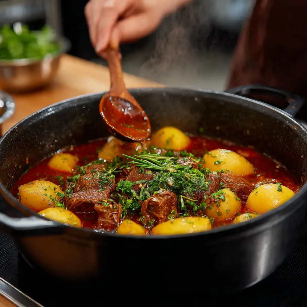 Beef stew simmering in a pot with potatoes as sauce is spooned over the meat.