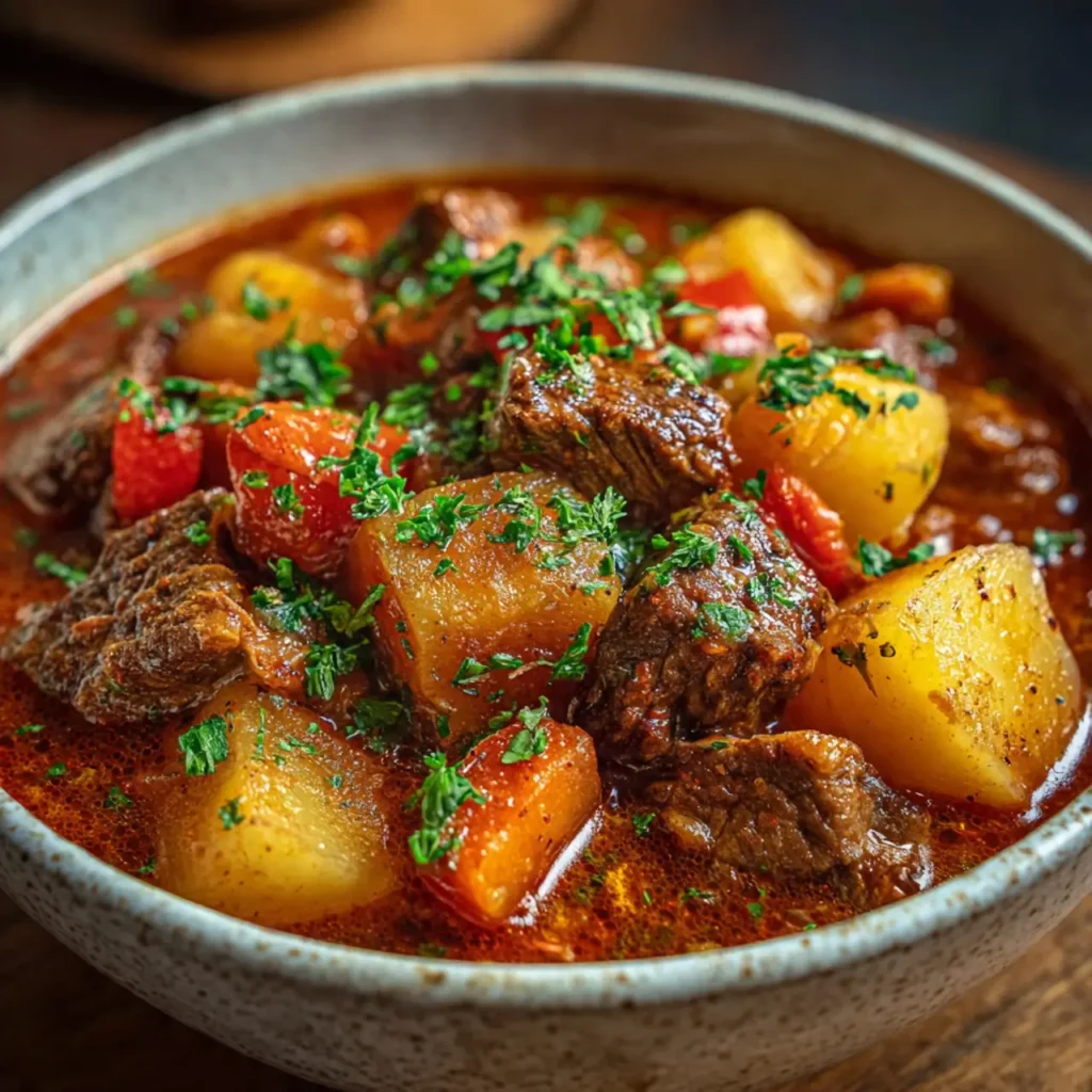 Bowl of beef stew with potatoes, carrots, and rich gravy.