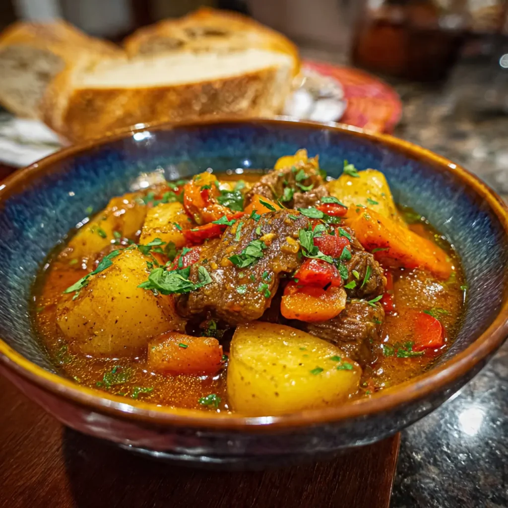 Beef stew with potatoes and vegetables served with crusty bread.
