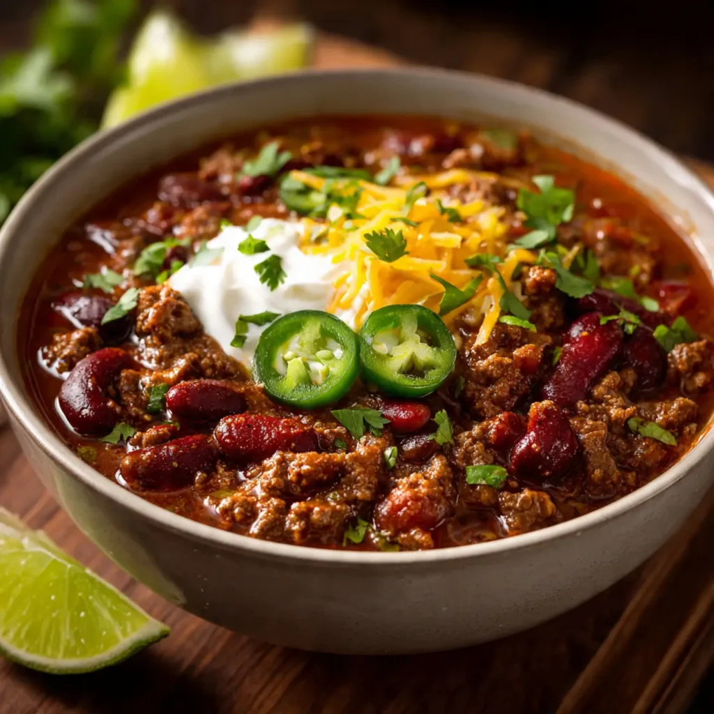 Bowl of chili with beans topped with shredded cheese, sour cream, jalapeño slices, and fresh cilantro.