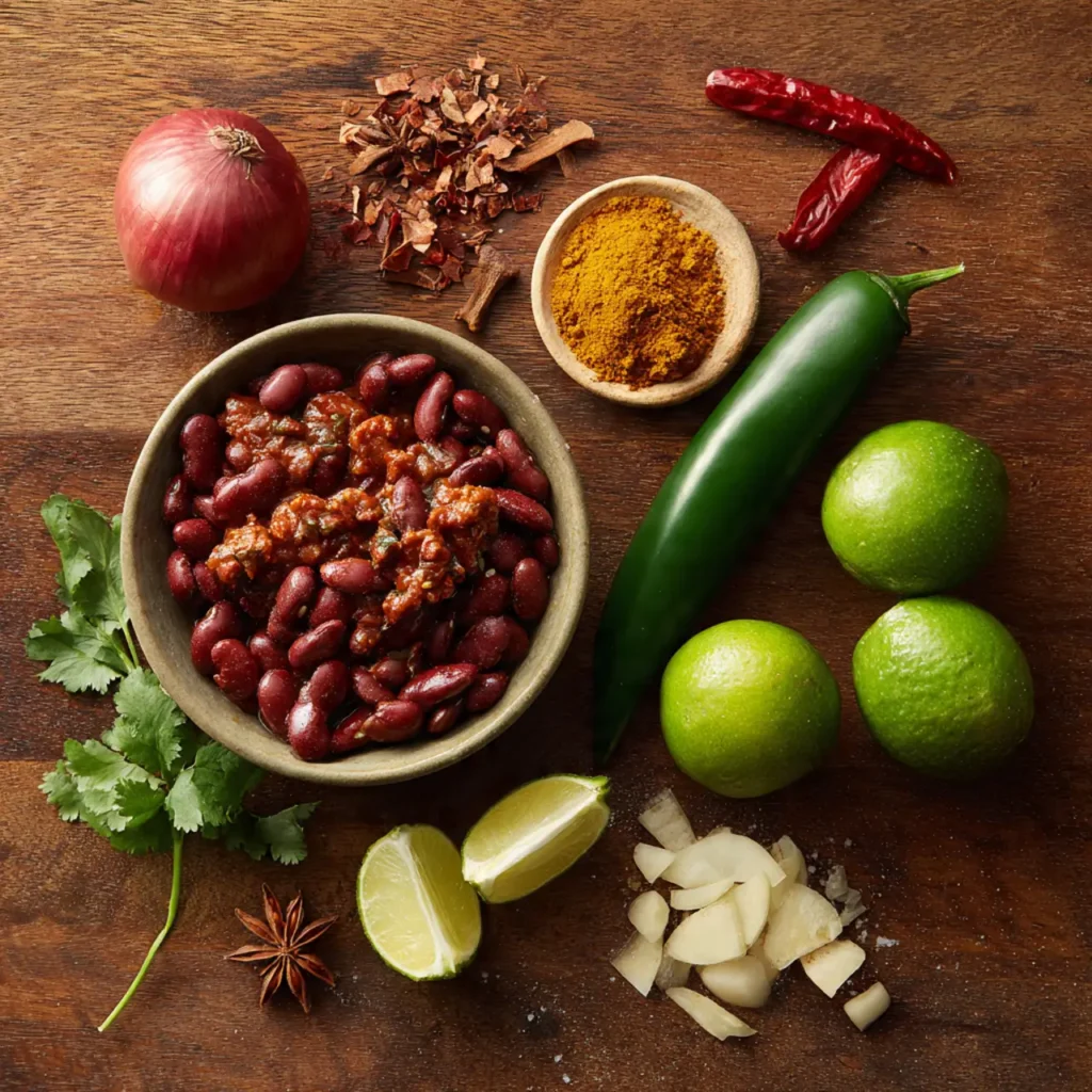 Flat lay of chili with beans ingredients including kidney beans, onion, jalapeño, lime, spices, garlic, and fresh herbs on a wooden surface.