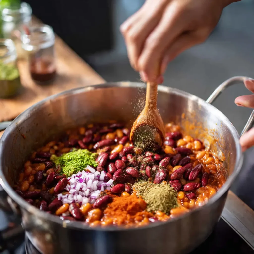 Wooden spoon stirring chili with beans as spices and chopped onion are added to a simmering pot.