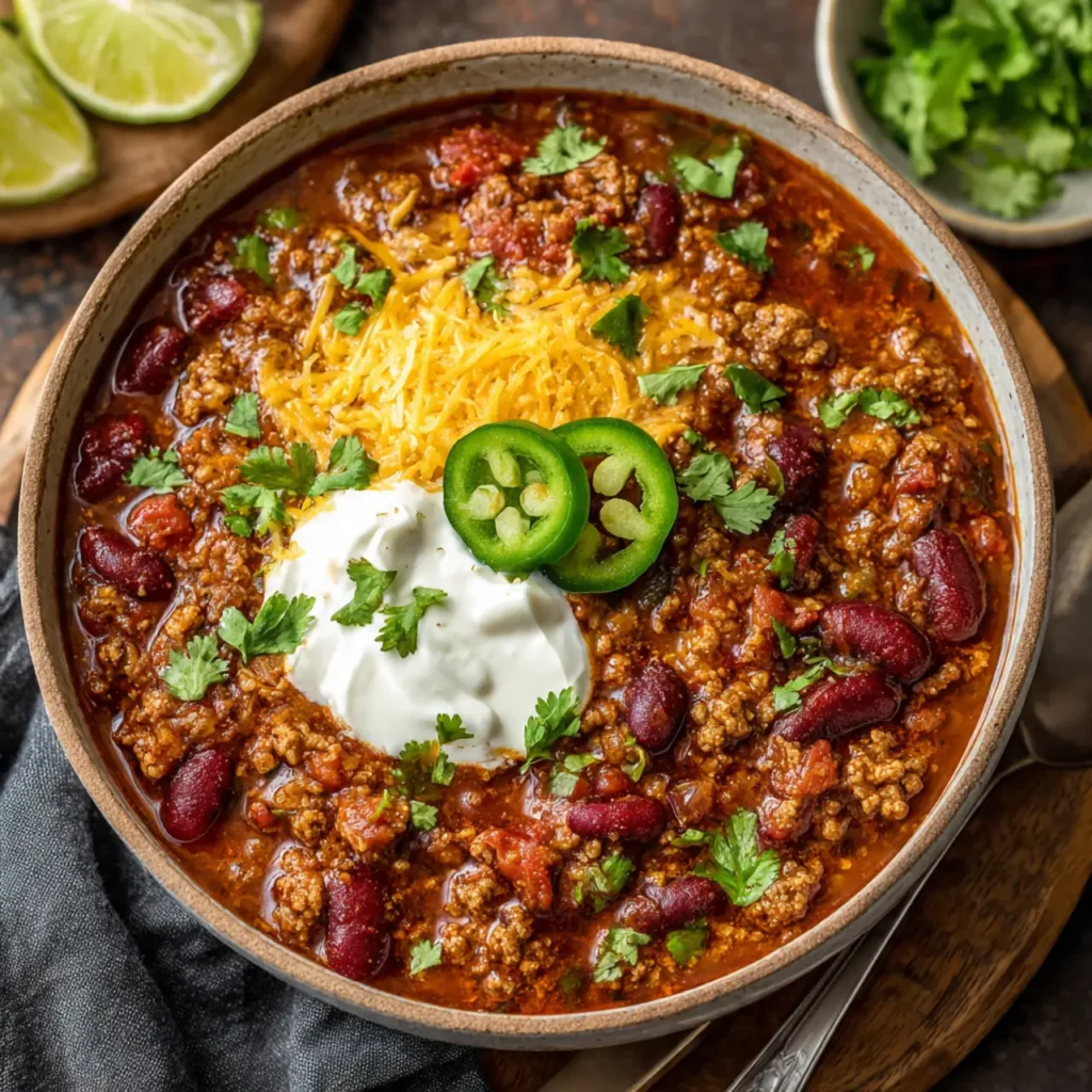 Overhead view of chili with beans topped with cheese, sour cream, jalapeños, and fresh herbs.