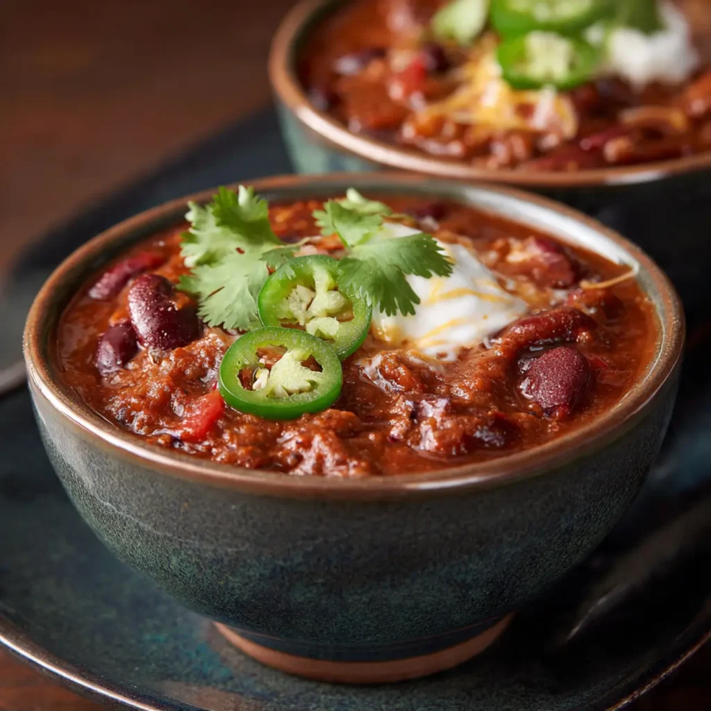 Side view of chili with beans topped with sour cream, jalapeños, and cilantro in a ceramic bowl.