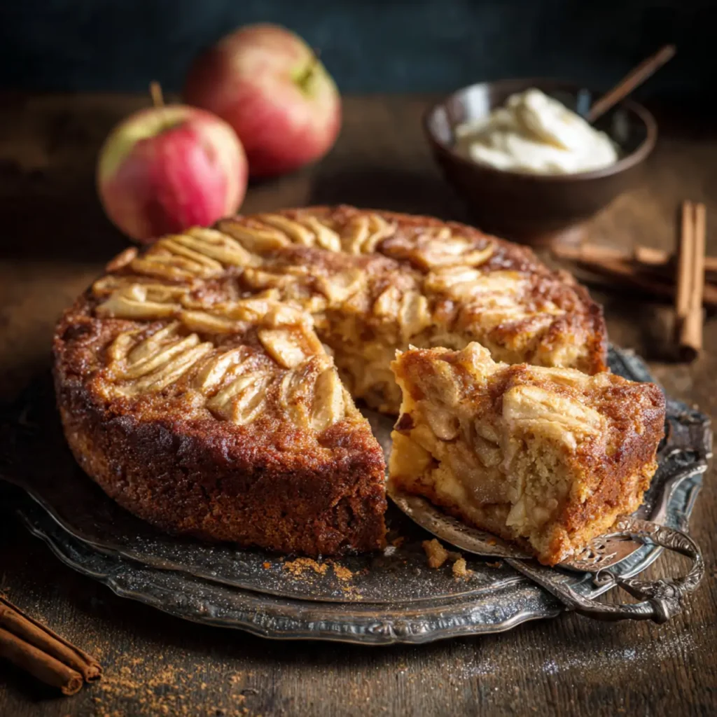 Whole cinnamon apple cake topped with baked apple slices and cinnamon, with one slice being served on a rustic platter.