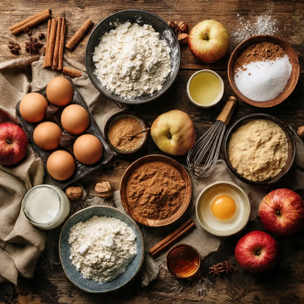Flat lay of cinnamon apple cake ingredients including apples, flour, eggs, cinnamon, sugar, and spices on a rustic wooden table.