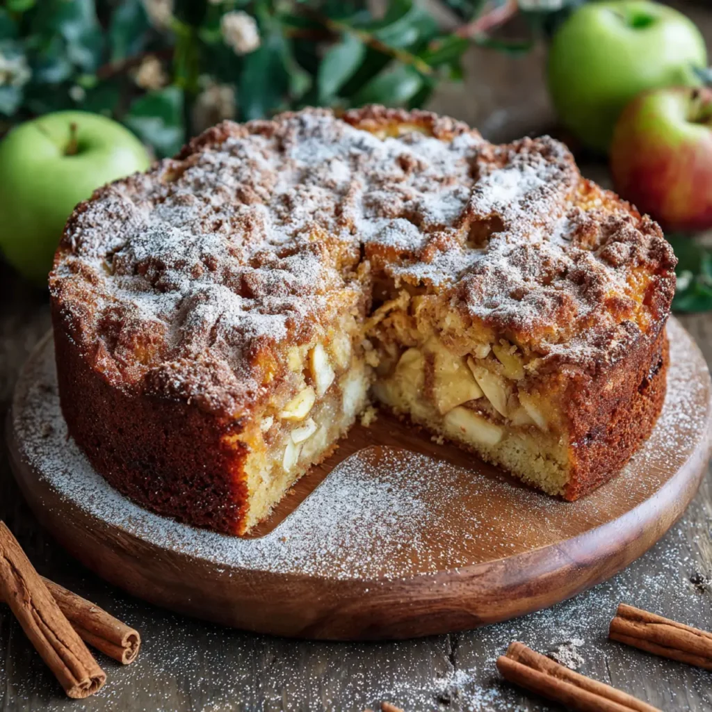 Cinnamon apple cake with crumb topping and powdered sugar, surrounded by fresh apples and cinnamon sticks.