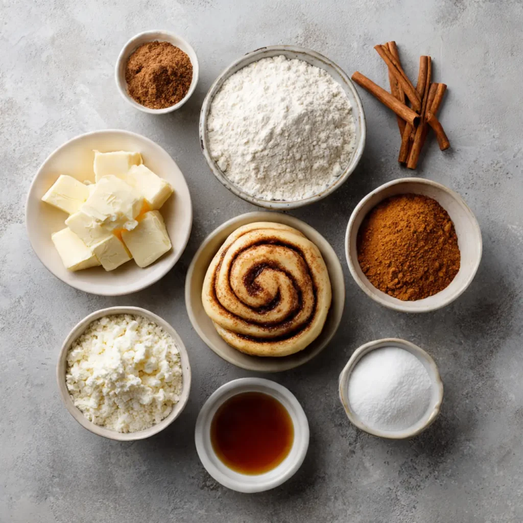 Ingredients for cinnamon rolls from scratch including flour, butter, cinnamon, sugar, and rolled dough arranged on a neutral surface.