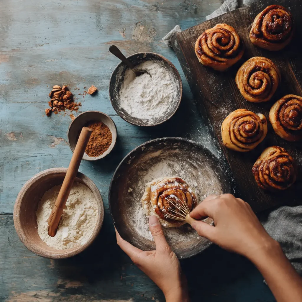 Hands shaping cinnamon rolls from scratch in a bowl with flour and cinnamon filling on a rustic kitchen surface.