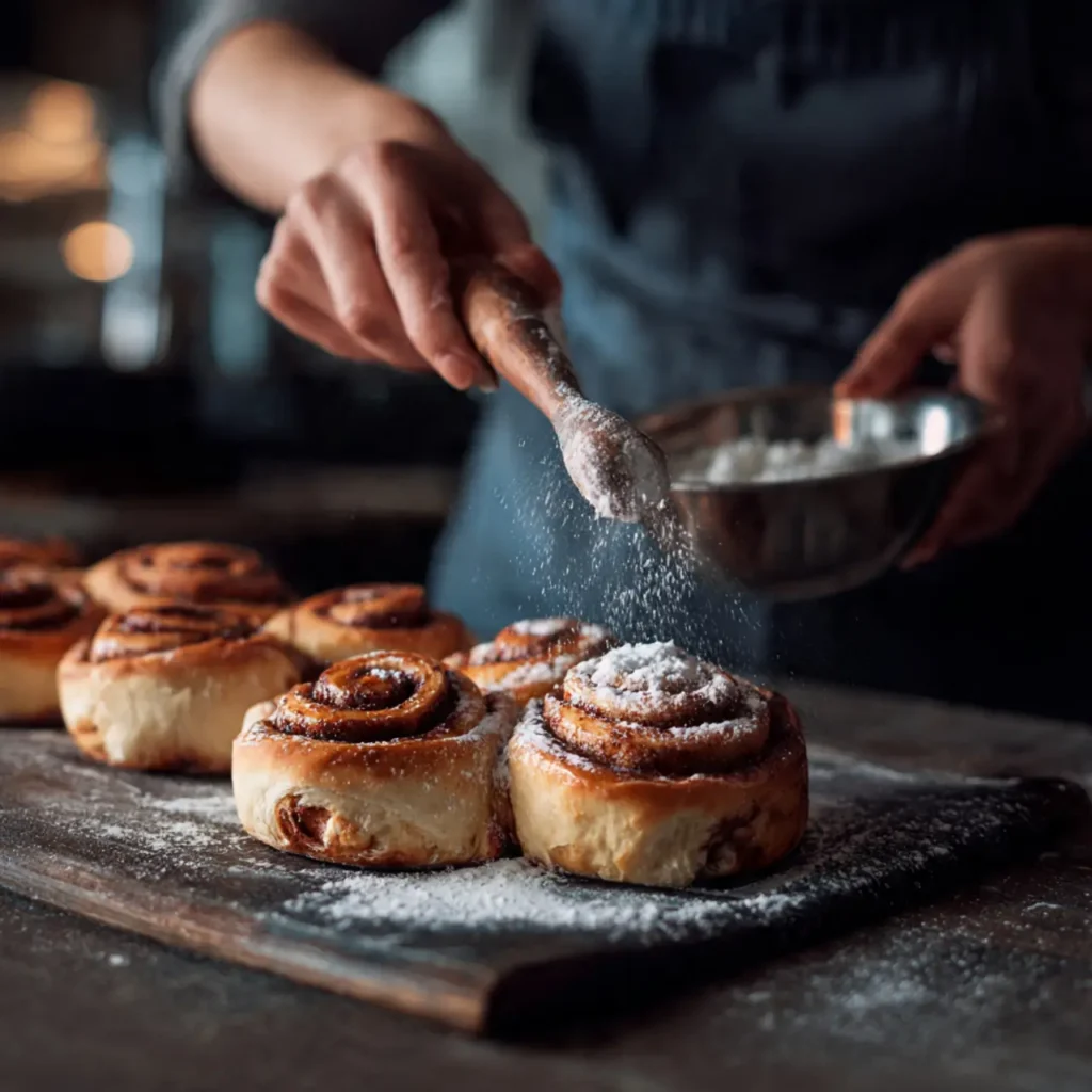 Freshly baked cinnamon rolls from scratch being dusted with powdered sugar on a wooden board.