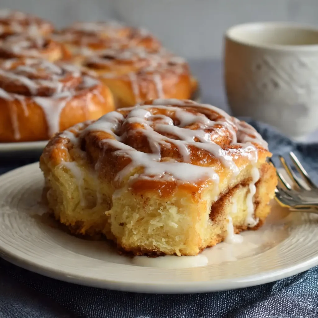 A cinnamon roll from scratch topped with icing served on a plate with a fork.