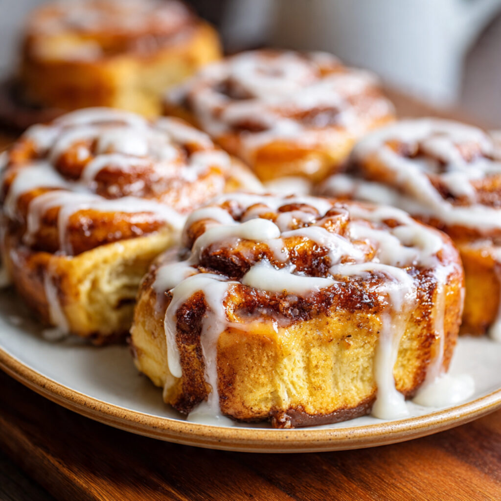 Warm, fluffy cinnamon rolls on a plate topped with drizzled vanilla glaze.