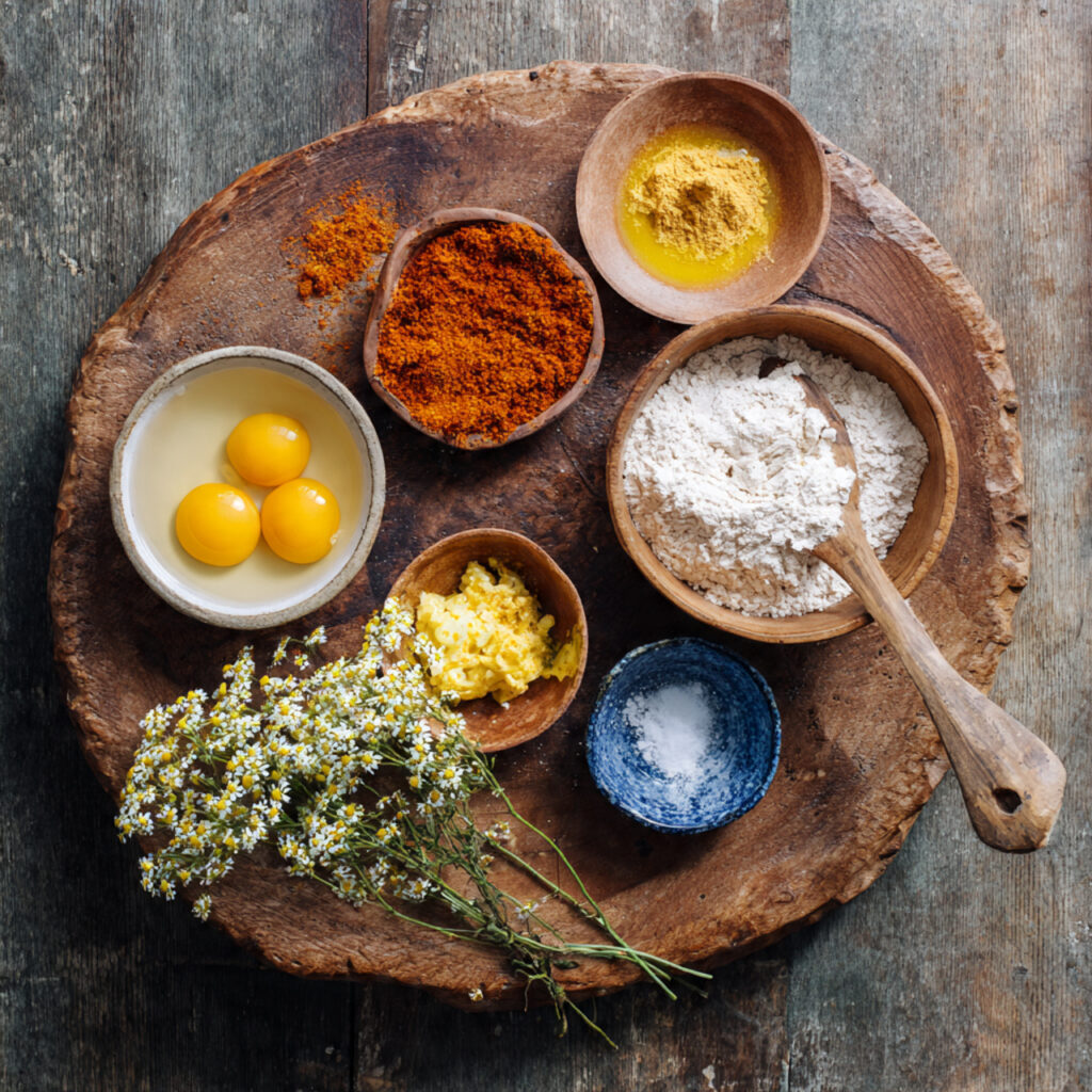 Bowls of flour, spices, eggs, butter, and other baking ingredients arranged on a rustic wooden board for homemade cinnamon rolls.