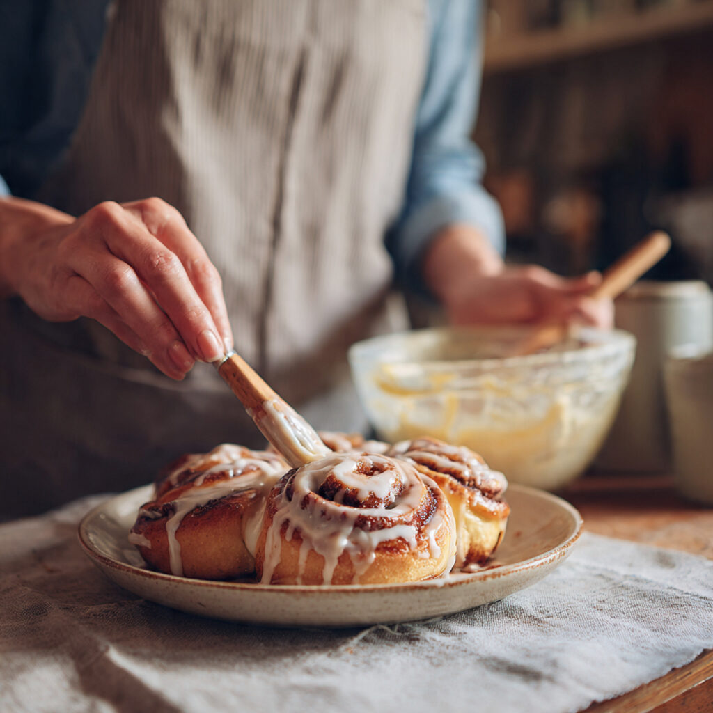 A baker brushing smooth vanilla glaze over warm cinnamon rolls on a plate.