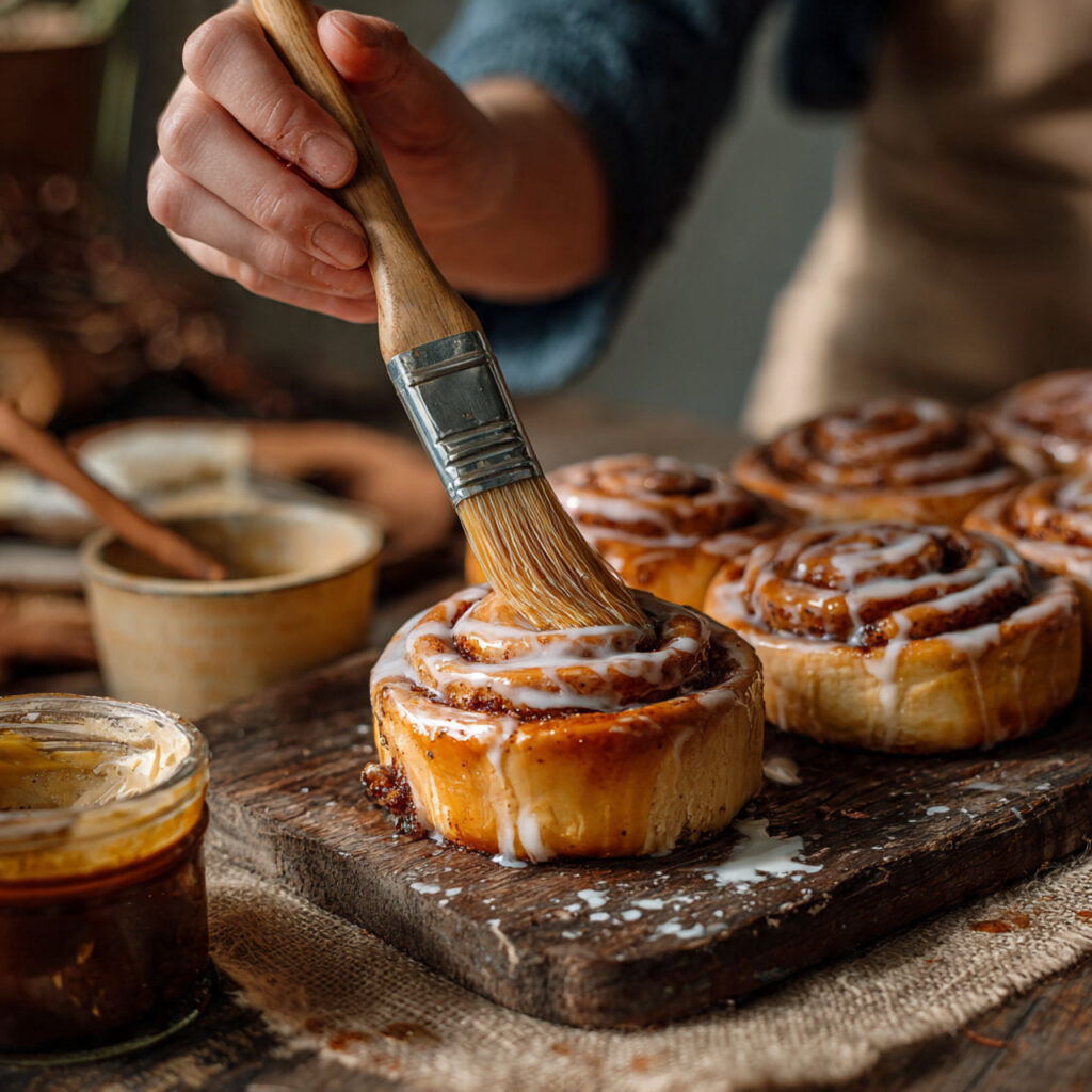 Close-up of a hand brushing icing over freshly baked cinnamon rolls on a wooden board.