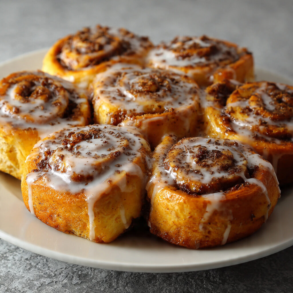 Golden cinnamon rolls on a white plate covered with sweet icing drizzle.