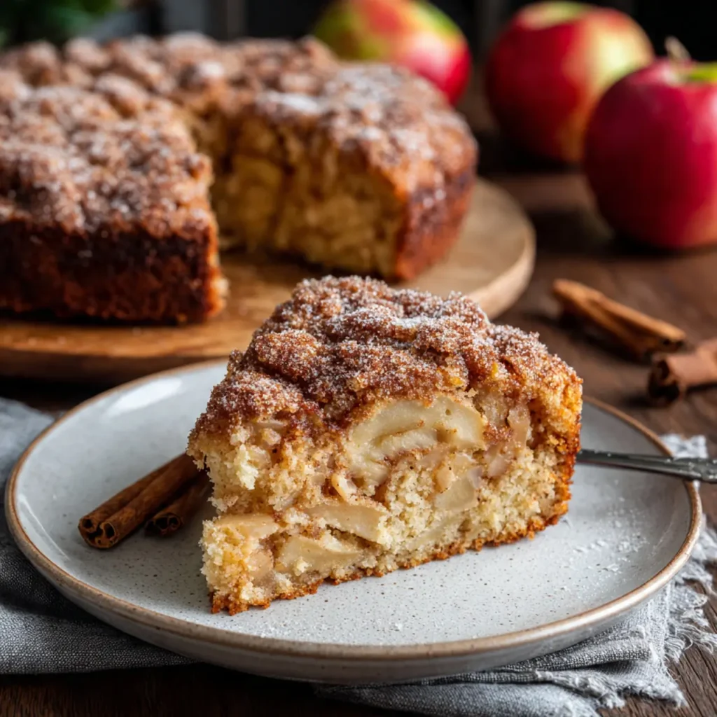 Slice of cinnamon apple cake on a plate, showing layers of baked apples and cinnamon sugar crumble.