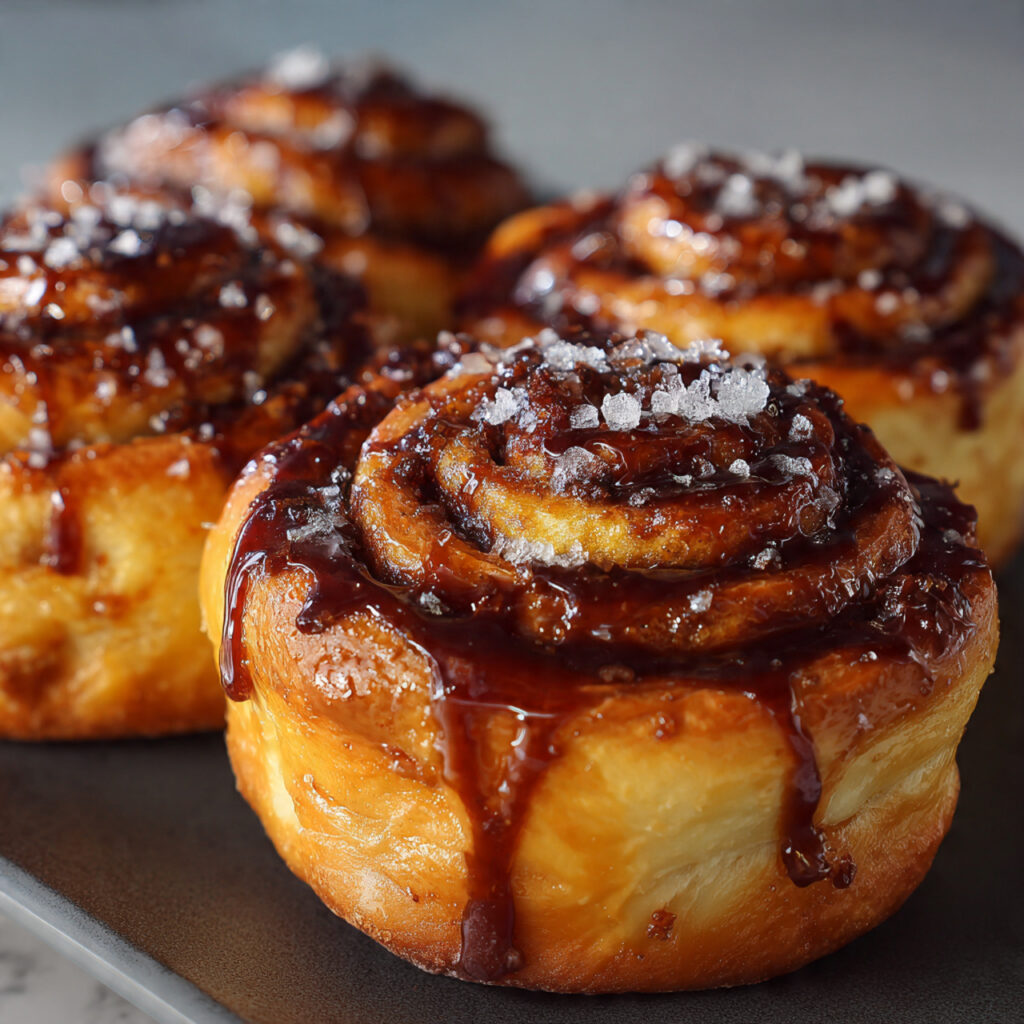 Cinnamon rolls topped with caramel glaze and coarse sugar crystals.