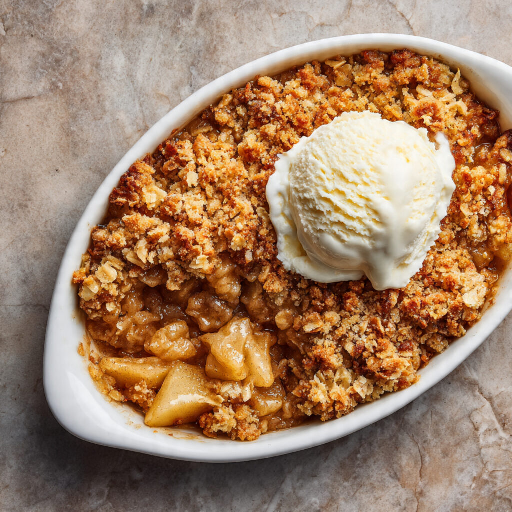 Warm apple crisp topped with a scoop of vanilla ice cream in a white oval baking dish.