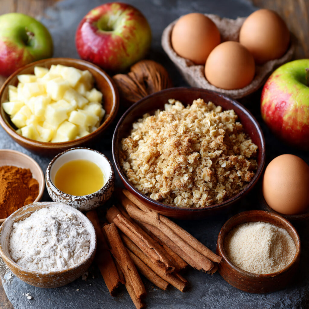 Ingredients for classic apple crisp displayed on a table, including apples, oats, flour, cinnamon, eggs, sugar, and butter.