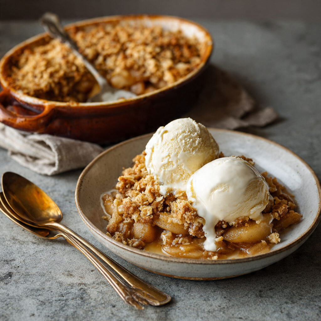 A plate of classic apple crisp topped with two scoops of vanilla ice cream, with a larger baking dish in the background.