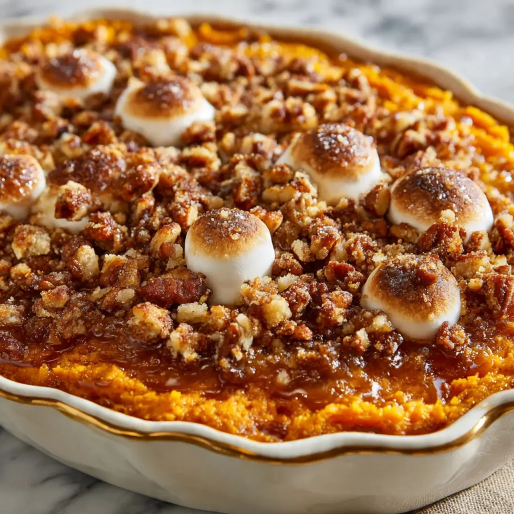 Close-up of a classic sweet potato casserole topped with toasted marshmallows and a crunchy pecan brown sugar crumble in a scalloped baking dish.