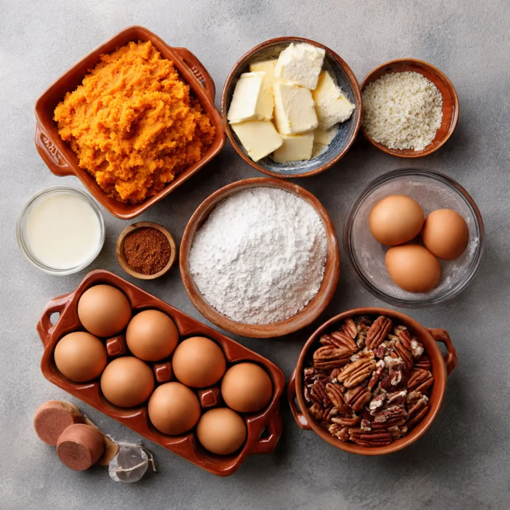 Flat lay of classic sweet potato casserole ingredients including mashed sweet potatoes, butter, eggs, flour, pecans, sugar, spices, and milk.
