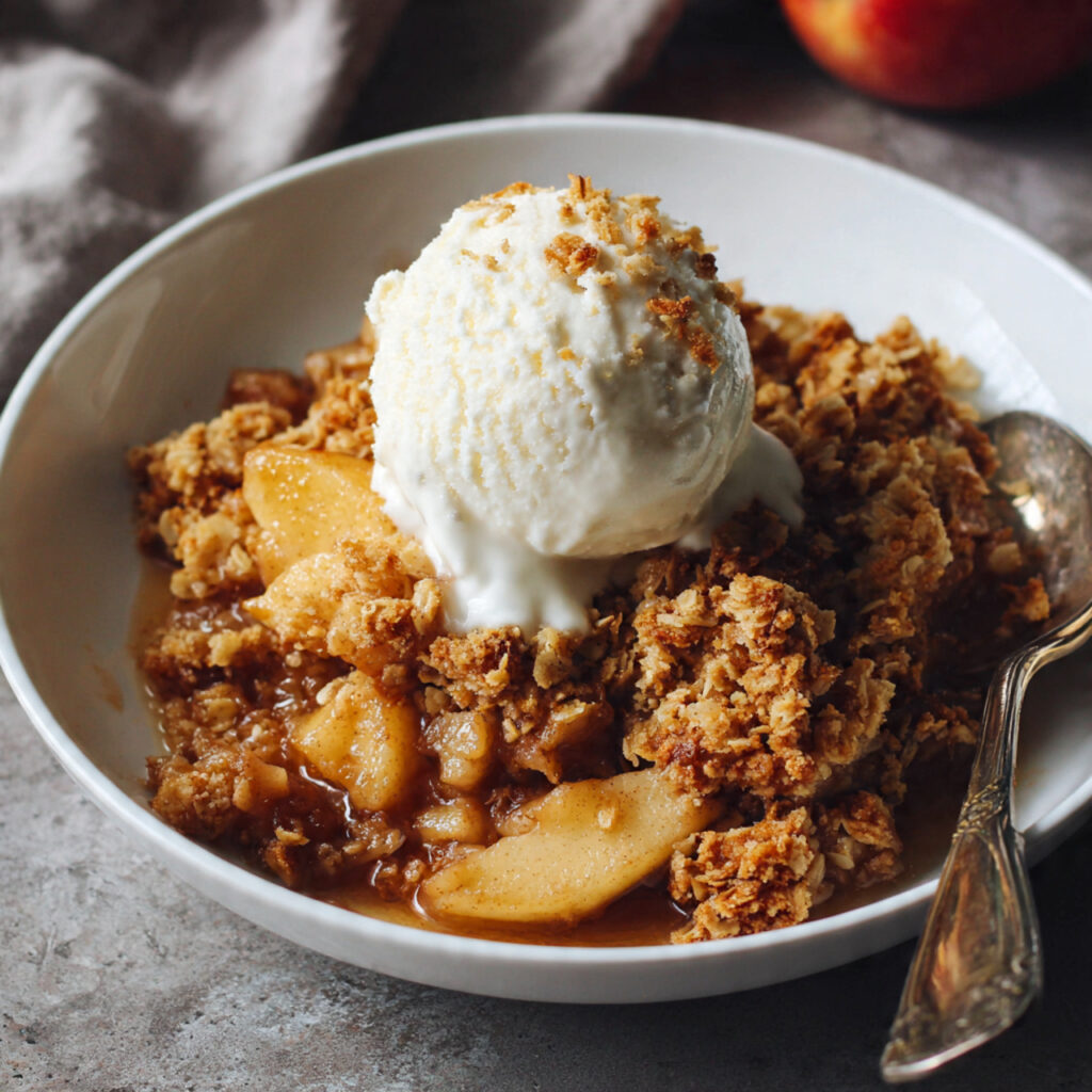 A warm bowl of apple crisp topped with a melting scoop of vanilla ice cream and a crunchy oat crumble.