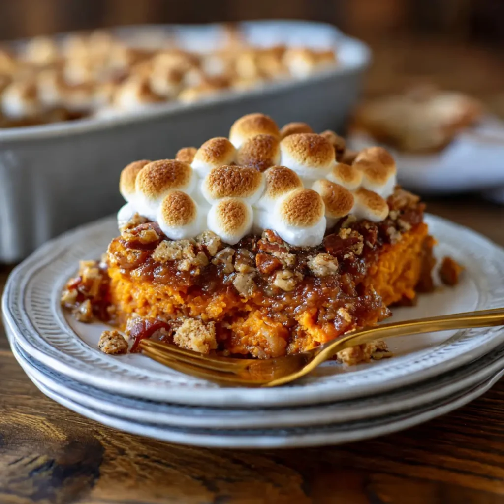 A plated slice of sweet potato casserole topped with toasted mini marshmallows and pecan crumble on a white stack of dishes.