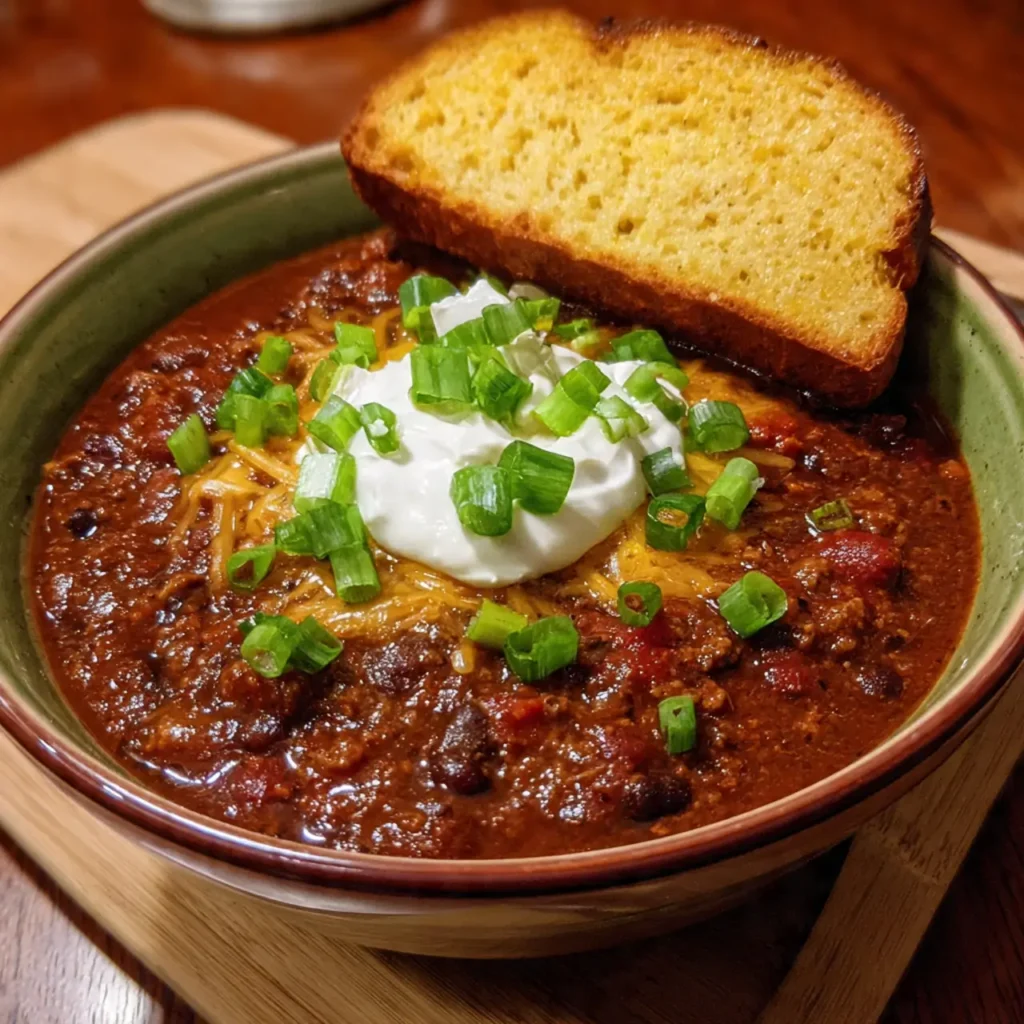 Bowl of comfort food chili topped with sour cream and green onions, served with a slice of cornbread.