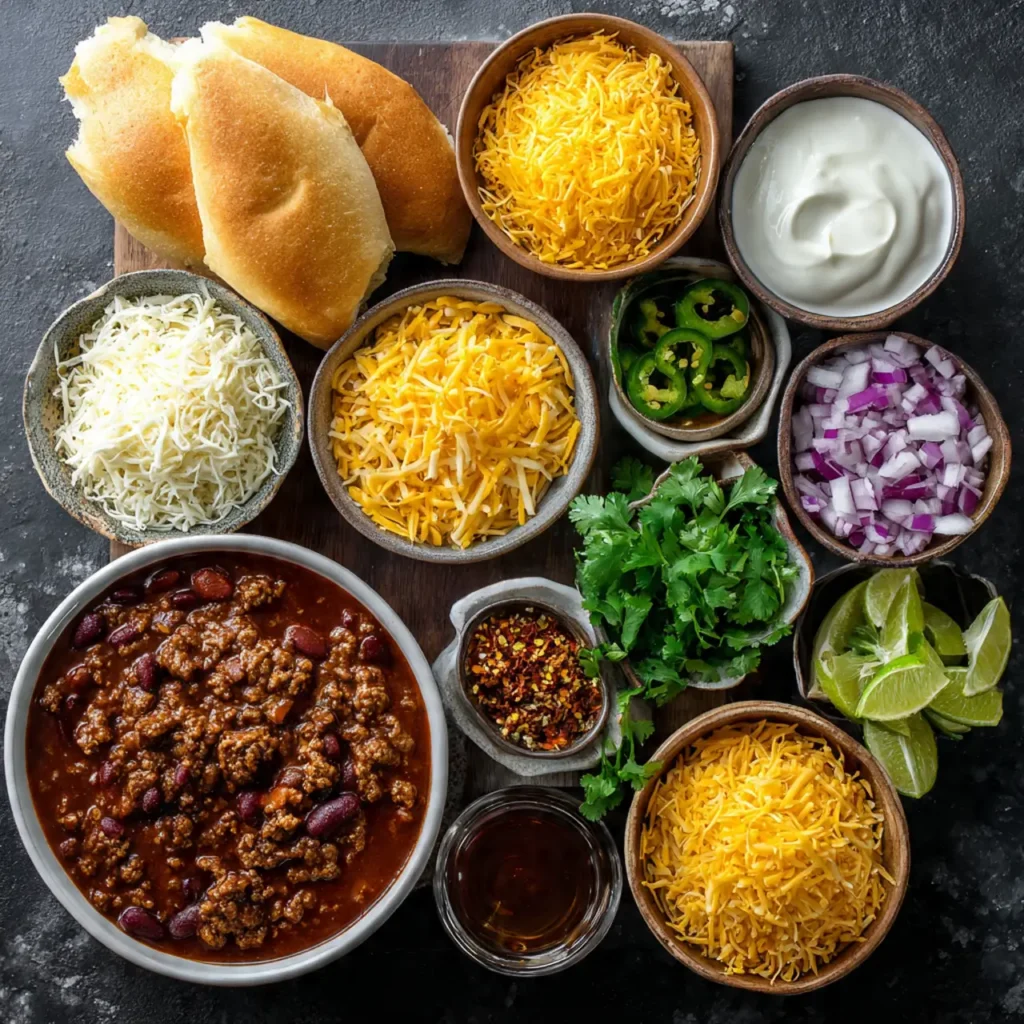 Overhead view of comfort food chili toppings including shredded cheese, sour cream, jalapeños, red onion, cilantro, lime wedges, and bread rolls.