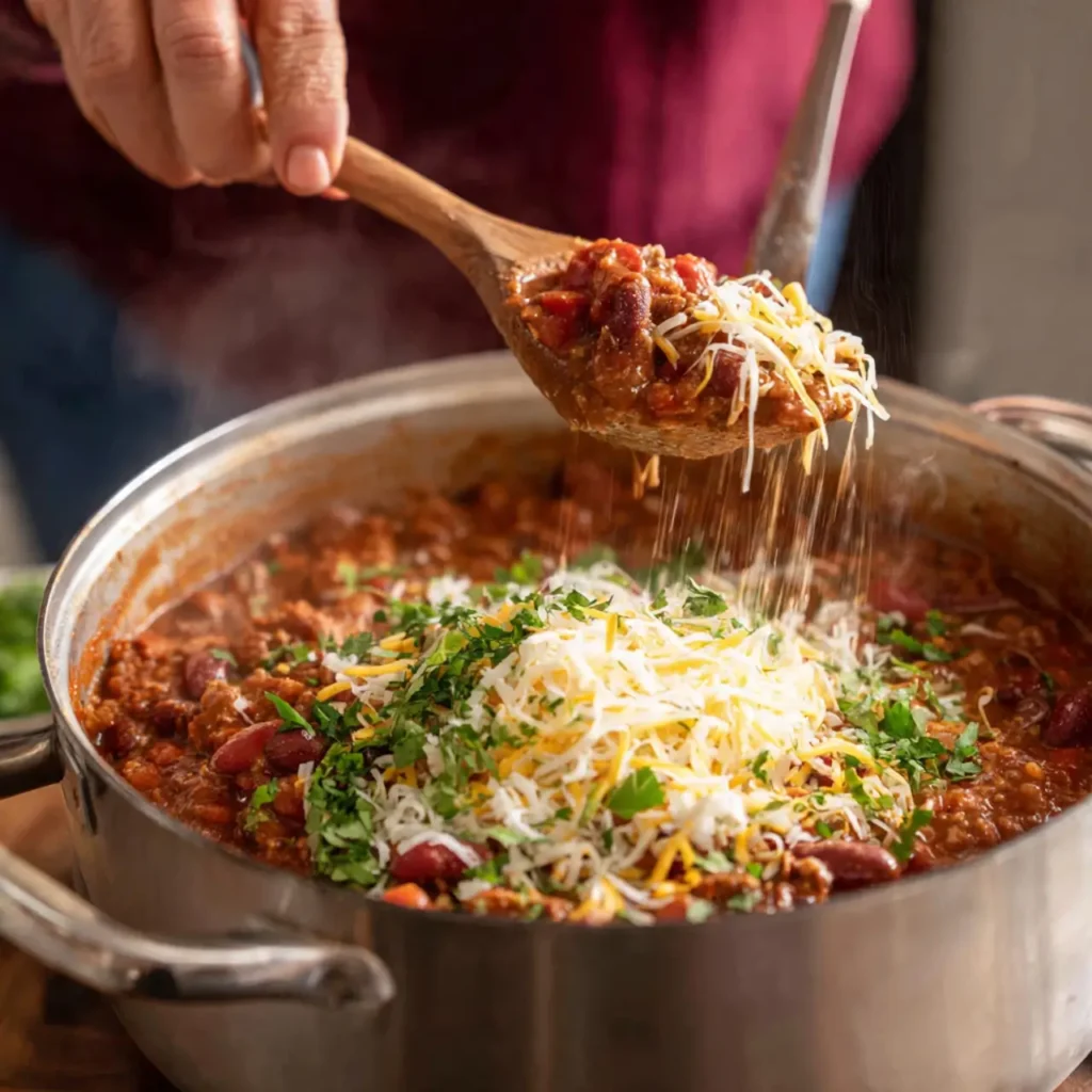 Wooden spoon lifting a serving of comfort food chili topped with shredded cheese from a large pot.