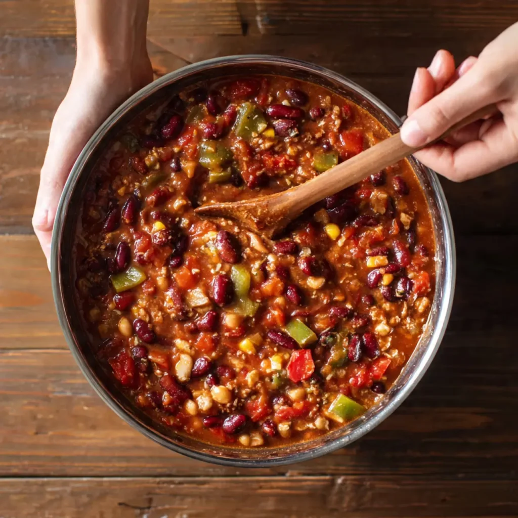 Top-down view of comfort food chili being stirred with a wooden spoon in a large pot.