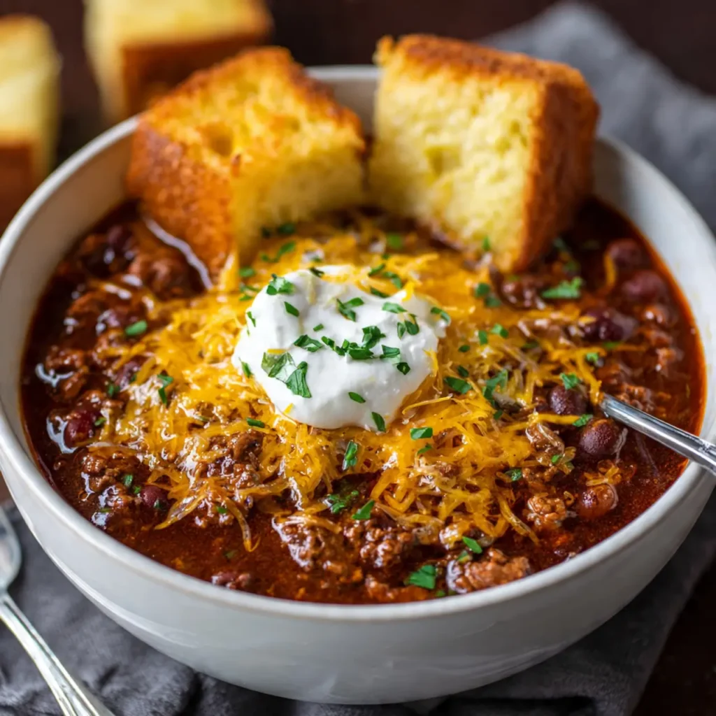 Comfort food chili topped with shredded cheese and sour cream, served with cornbread pieces.