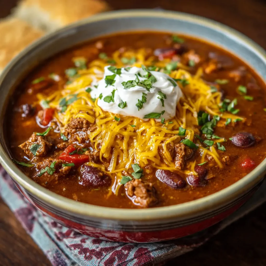 Close-up of comfort food chili with beans, ground beef, shredded cheese, and sour cream.