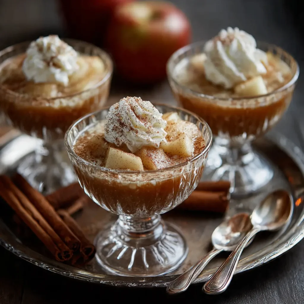 Glass dessert cups filled with apple cider pudding topped with whipped cream, cinnamon, and diced apples.