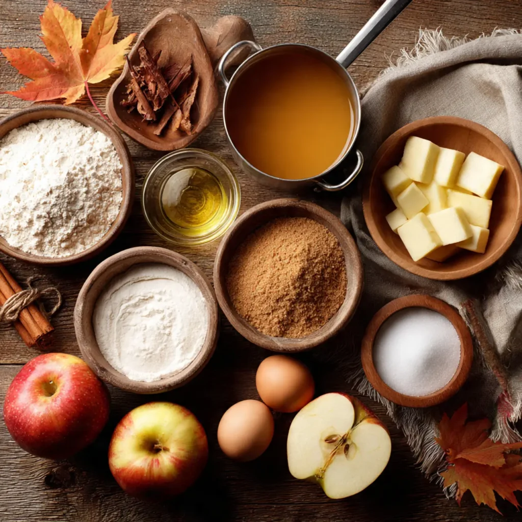 Flat lay of apple cider dessert ingredients including apples, flour, butter, spices, eggs, and a pot of apple cider on a rustic wooden table.