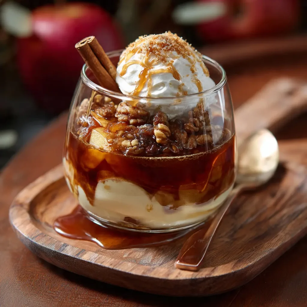 Apple cider parfait with whipped cream, walnuts, caramel sauce, and cinnamon in a clear glass.