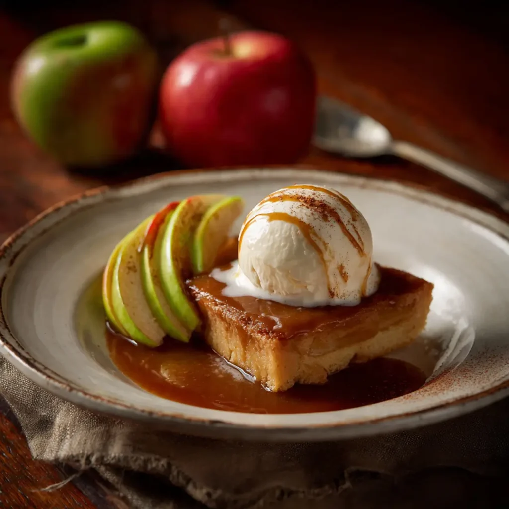 Apple cider cake square served with vanilla ice cream, sliced apples, and caramel sauce on a plate.