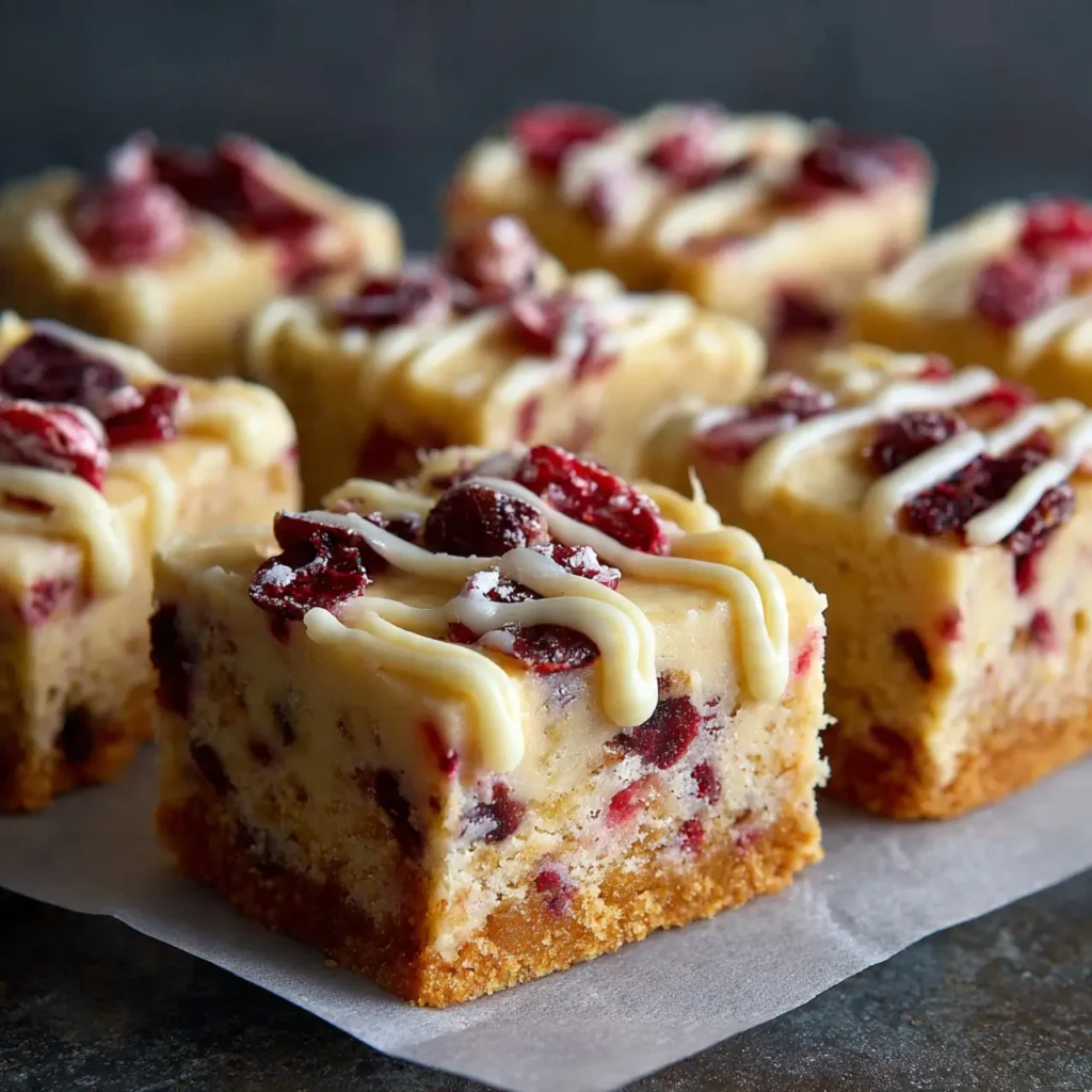 Cranberry bliss bars cut into squares and topped with white chocolate drizzle and dried cranberries.