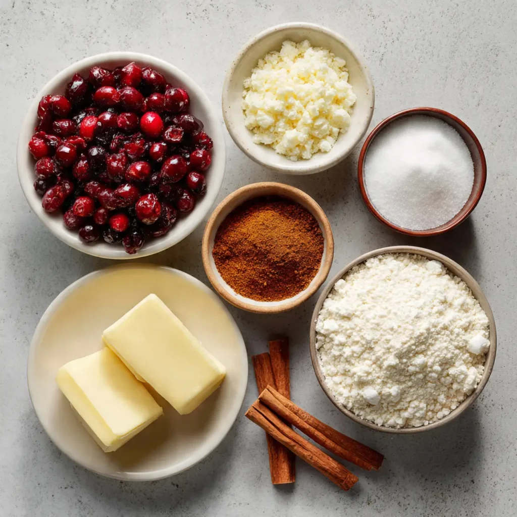 Flat lay of cranberry bliss bar ingredients including dried cranberries, butter, sugar, flour, spices, and cream cheese.