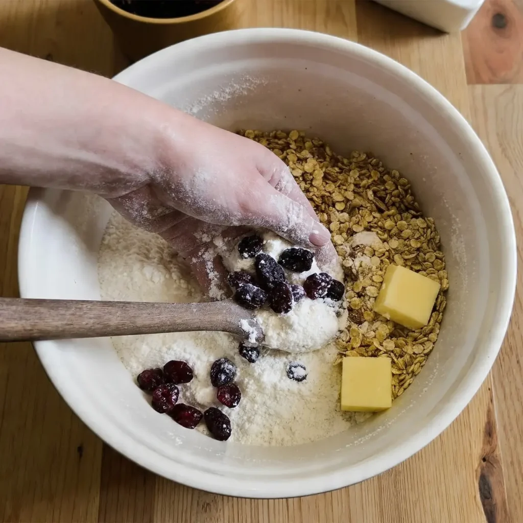 Hand mixing flour, dried cranberries, butter, and sugar in a bowl while preparing cranberry bliss bars.
