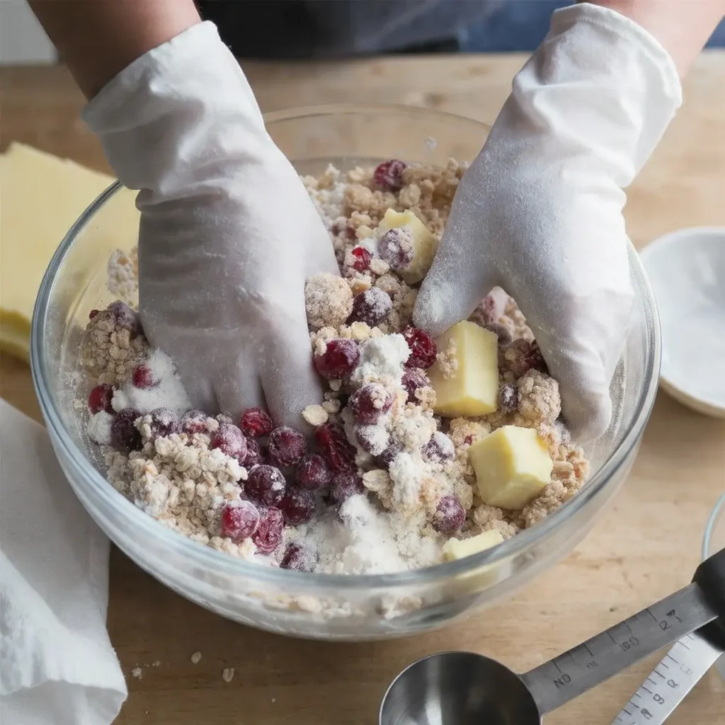 Hands mixing cranberry bliss bar dough with butter and cranberries in a glass bowl.